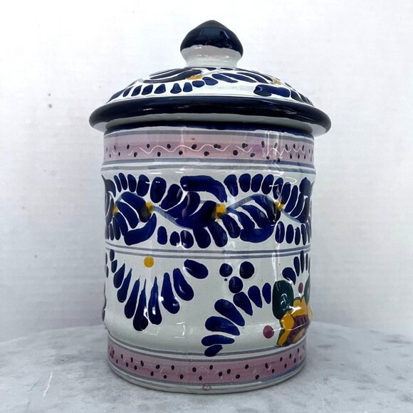 Ceramic 7" Jar Canister Lid Floral Geometric Pink/Blue/White Artisan Talavara - Picture 1 of 8